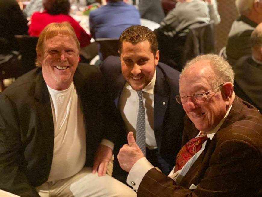 Raiders owner Mark Davis, Plaza CEO Jonathan Jossel, and former Las Vegas Mayor Oscar Goodman a ...