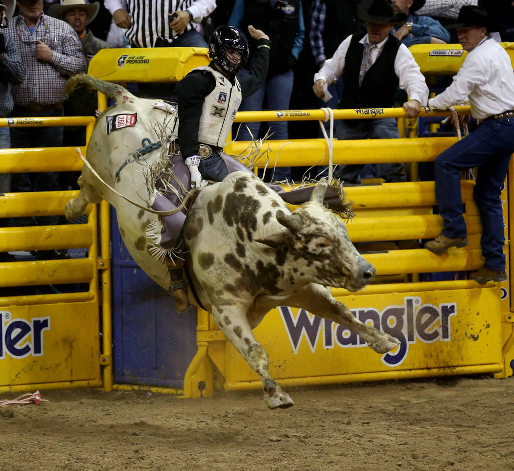 Koby Radley of Montpelier, La. rides Butter Bean to a score of 86.5 in the Bull Riding competit ...