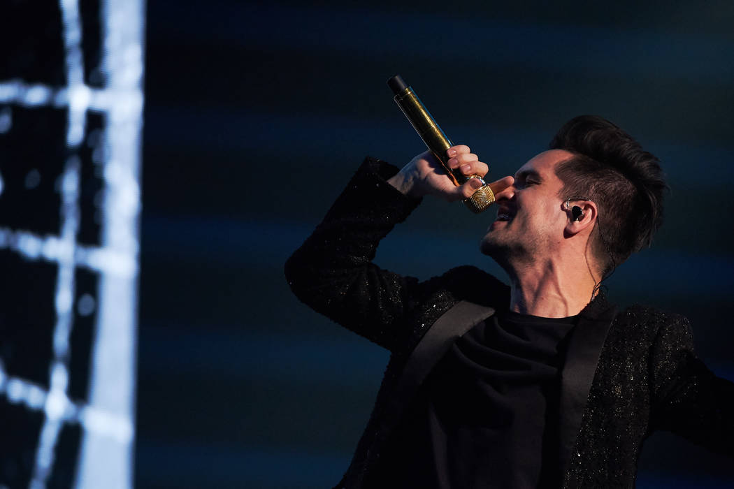 Brendon Urie of Panic! At the Disco is shown in concert at T-Mobile Arena on Saturday, Aug. 18, ...