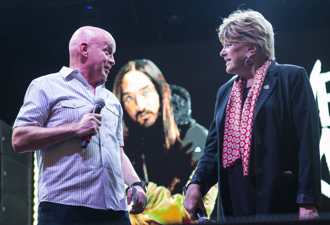 Fremont Street Experience CEO Patrick Hughes, left, and Las Vegas Mayor Carolyn Goodman speak b ...