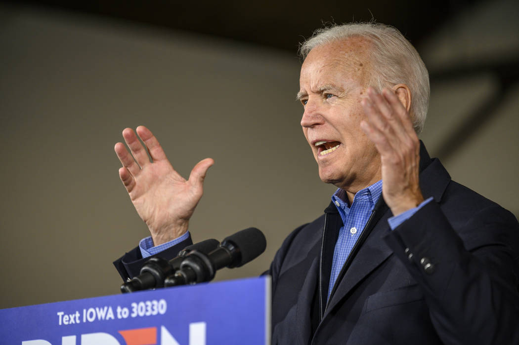 Democratic presidential candidate former Vice President Joe Biden speaks to local residents, Sa ...