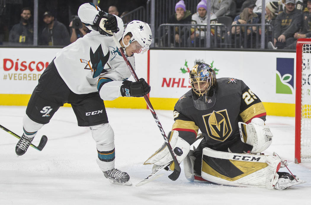 San Jose Sharks left wing Marcus Sorensen (20) shoots on Vegas Golden Knights goaltender Marc-A ...