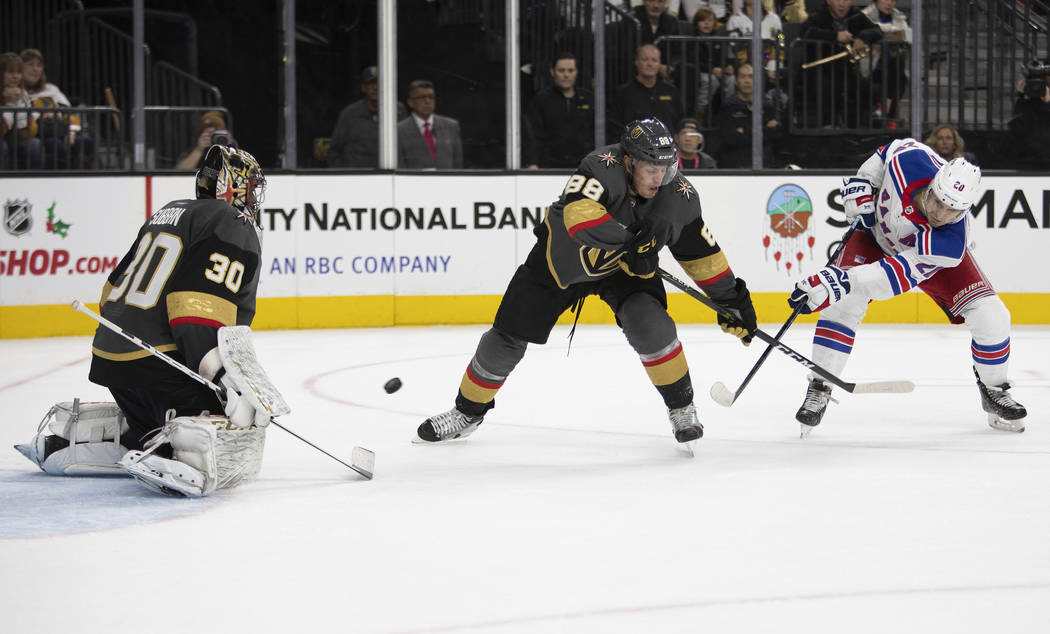 Vegas Golden Knights goaltender Malcolm Subban (30) is about to make a save as Vegas Golden Kni ...