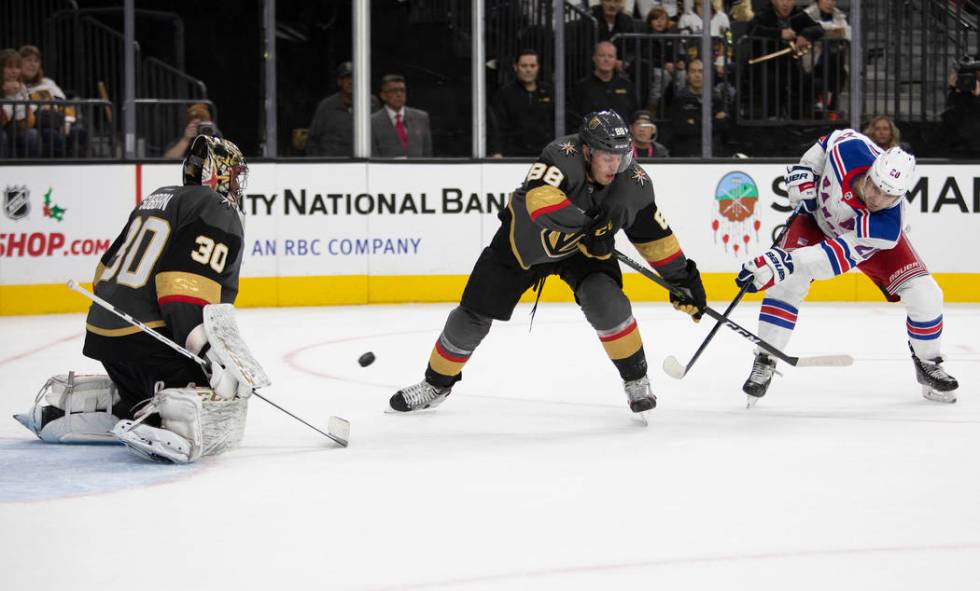 Vegas Golden Knights goaltender Malcolm Subban (30) is about to make a save as Vegas Golden Kni ...