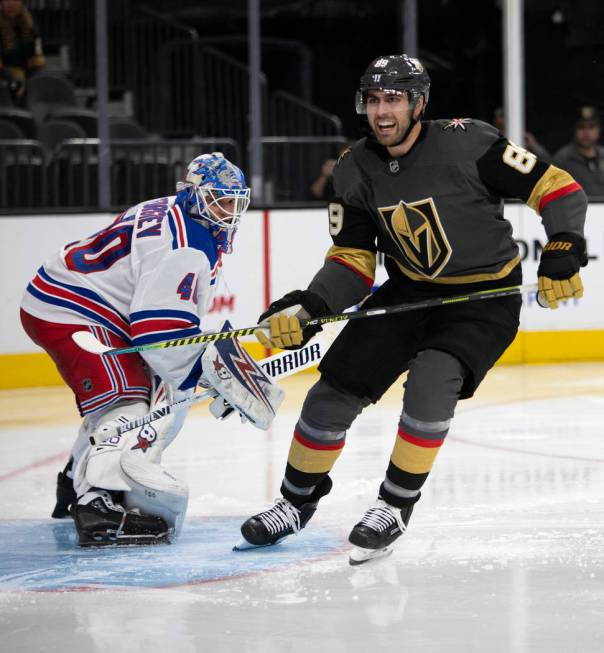 Golden Knights right wing Alex Tuch (89) expresses anger after New York Rangers goaltender Alex ...