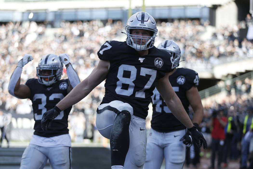 Oakland Raiders tight end Foster Moreau (87) celebrates after scoring against the Tennessee Tit ...