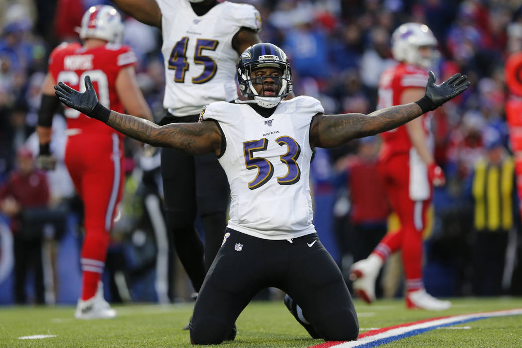 Baltimore Ravens defensive end Jihad Ward (53) celebrates on the field during the second half o ...