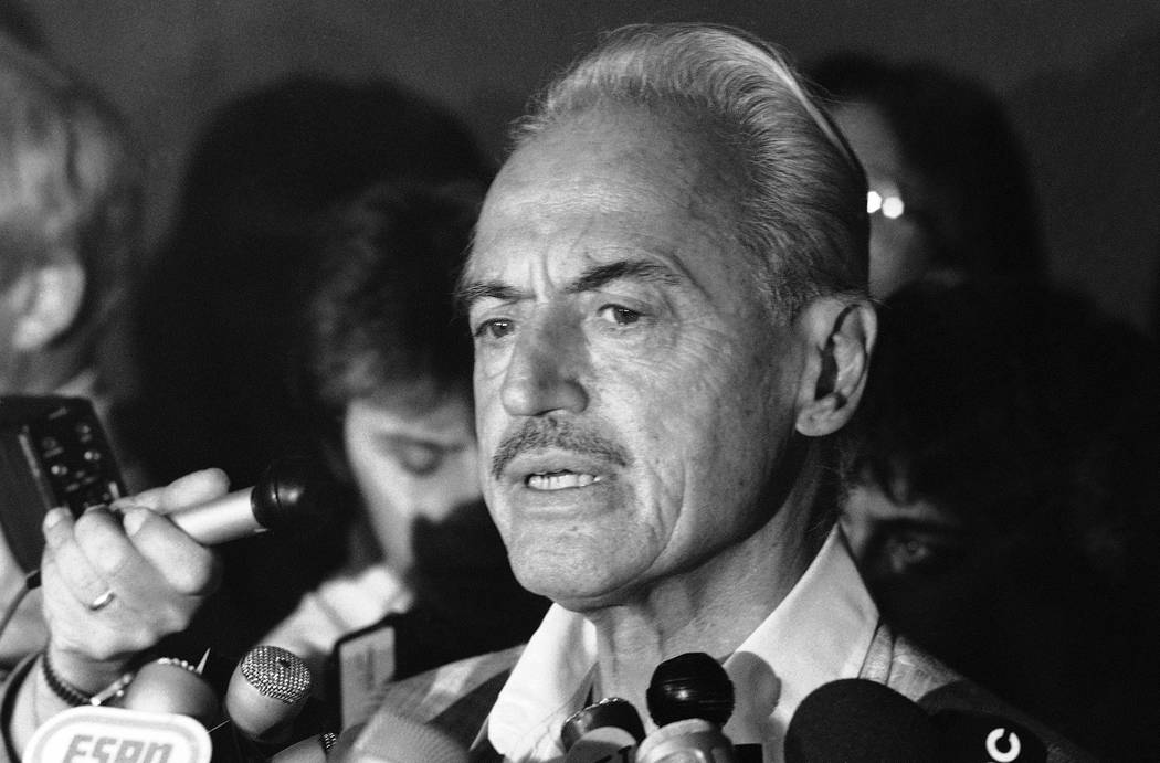 FILE - This July 16, 1981 file photo shows baseball union leader Marvin Miller speaking to repo ...