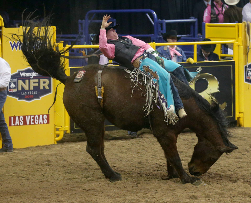 Tanner Aus of Granite Falls, Minn. rides Weenie in the bareback competition during the fifth go ...