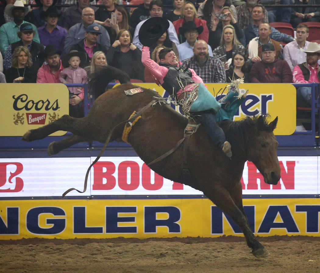 Tanner Aus of Granite Falls, Minn. rides Weenie in the bareback competition during the fifth go ...