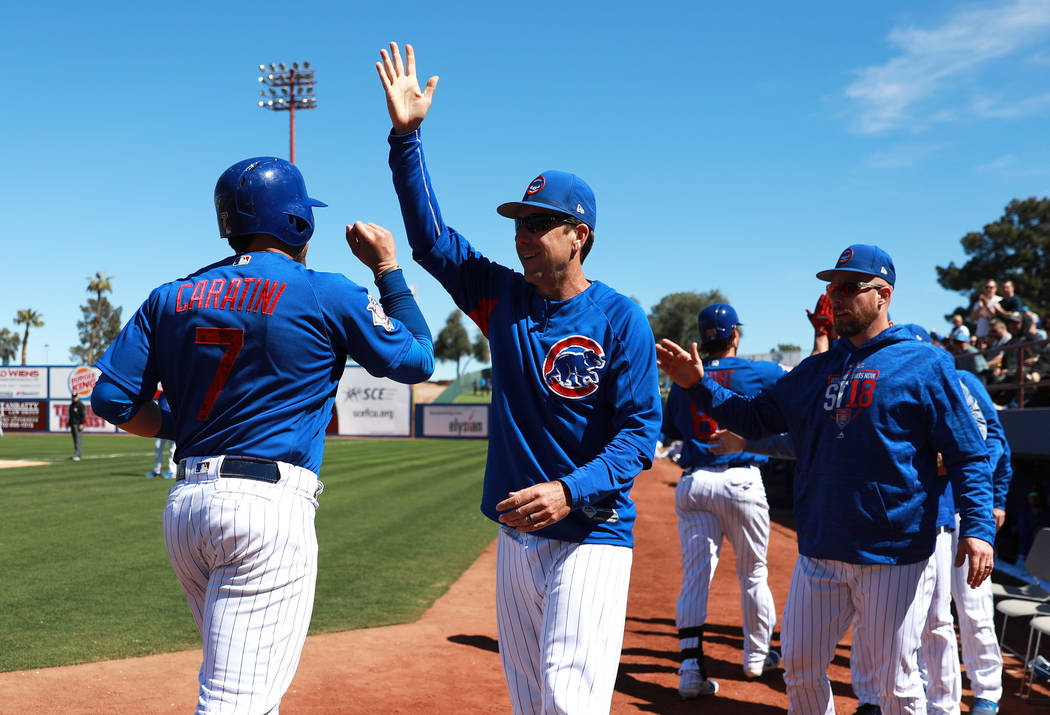 Chicago Cubs' Victor Caratini (7) cheers with his time at the annual Big League Weekend basebal ...