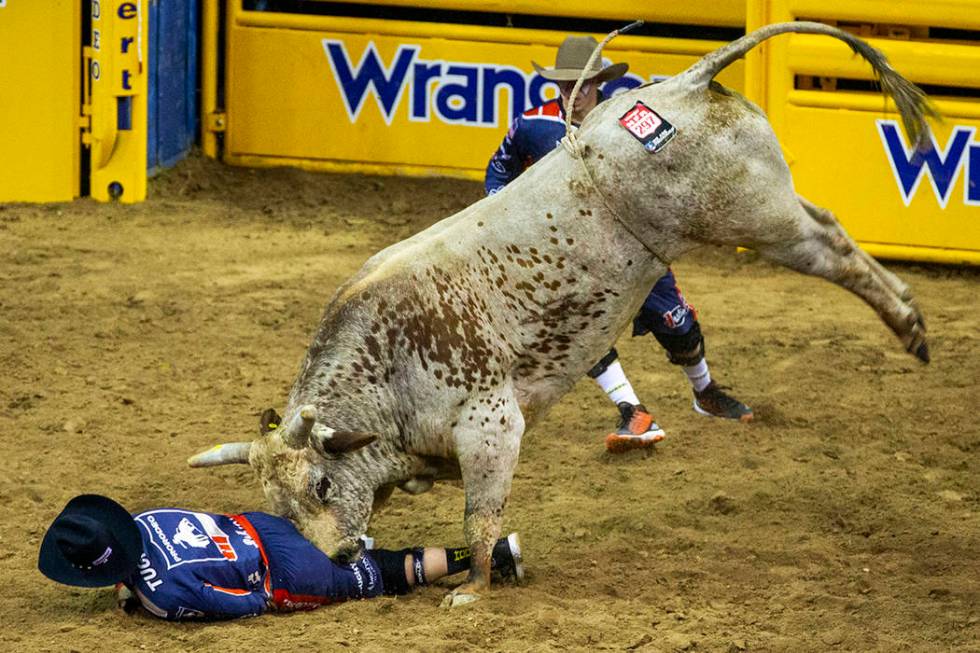 A bullfighter is driven into the dirt by Red Harvest in Bull Riding during the fourth go round ...