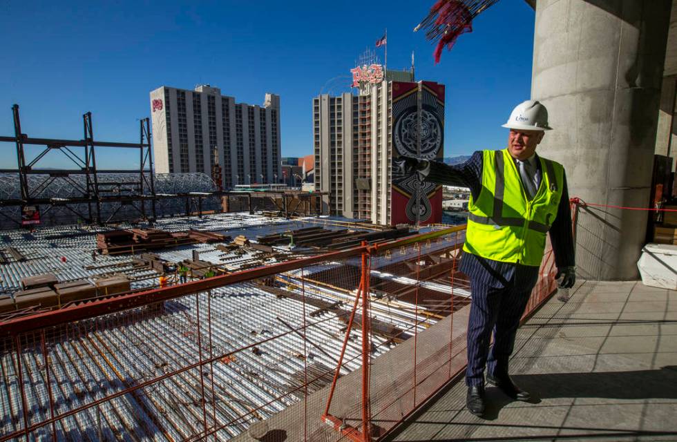 Developer Derek Stevens gives a tour of the pool area during a construction update of the Circa ...