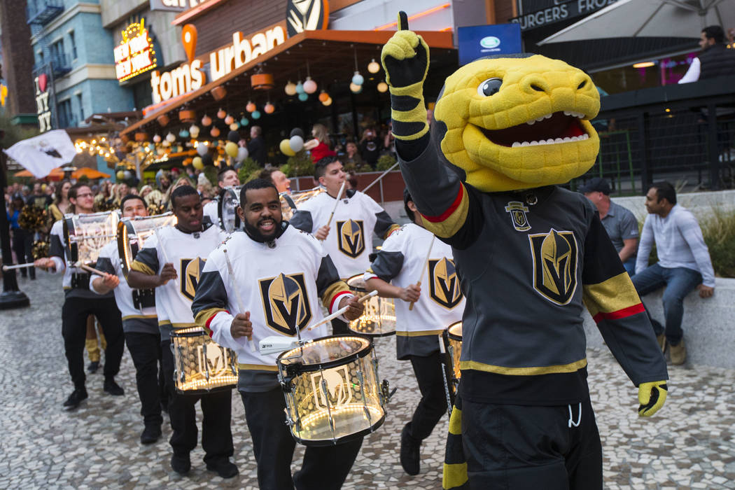 Golden Knights mascot Chance participates in a pregame parade at The Park outside of the New Yo ...