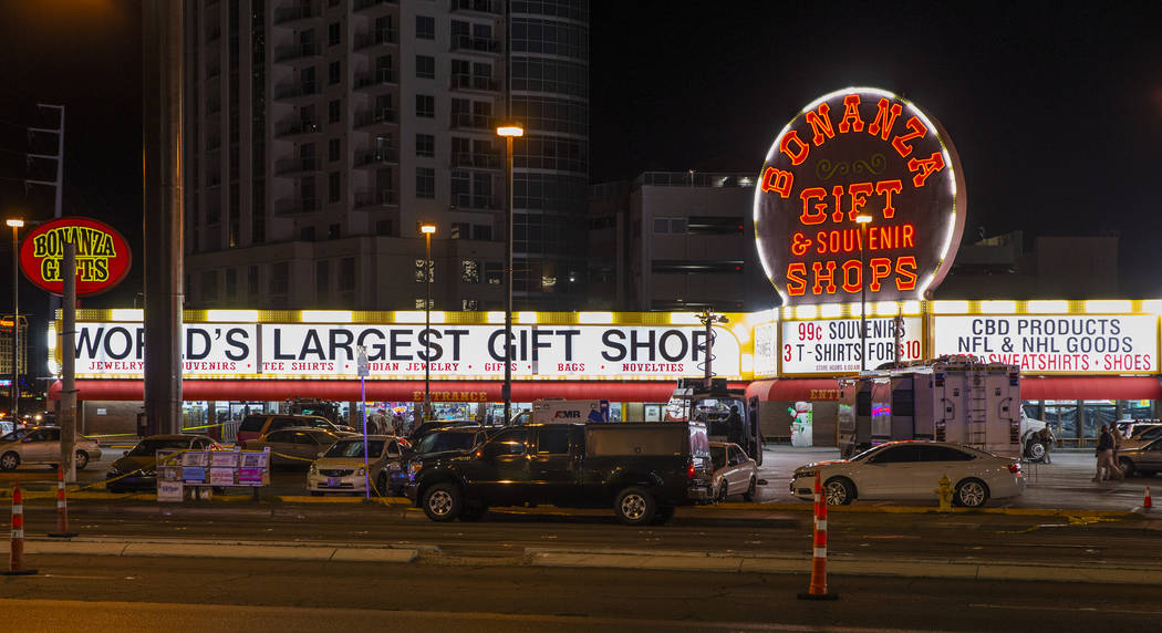 Las Vegas police work a barricade situation of a woman with a knife inside the Bonanza Gift Sho ...