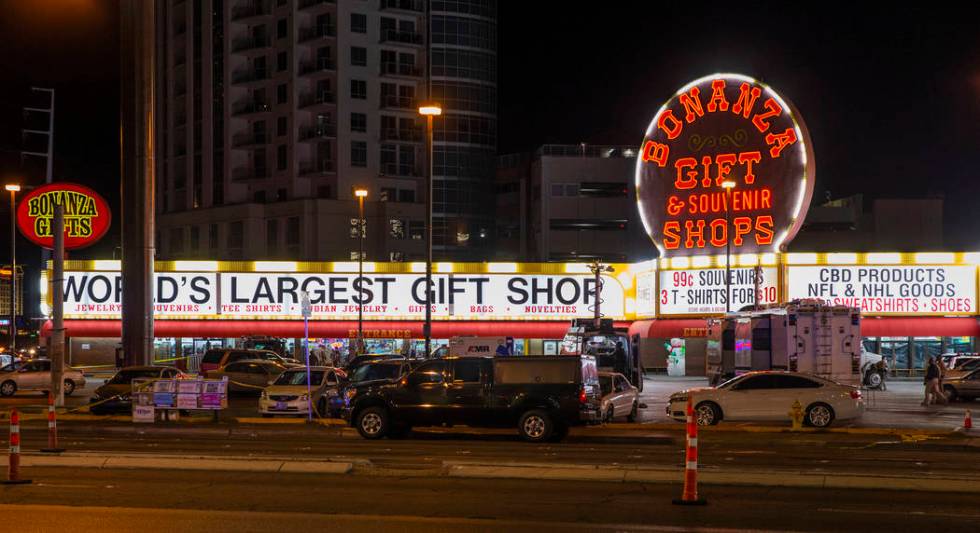 Las Vegas police work a barricade situation of a woman with a knife inside the Bonanza Gift Sho ...