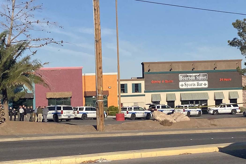 Henderson police shot and wounded a man armed with a knife at Bourbon Street Sports Bar at Majo ...