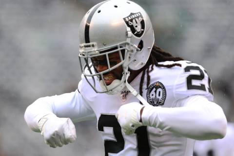 Oakland Raiders free safety D.J. Swearinger (21) gestures as he warms up prior to an NFL game a ...