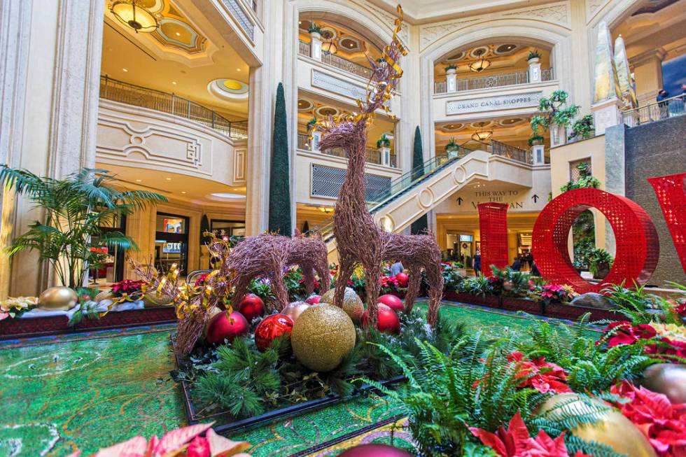 Holiday decorations at the waterfall atrium on Tuesday, Dec. 10, 2019, at The Venetian, in Las ...