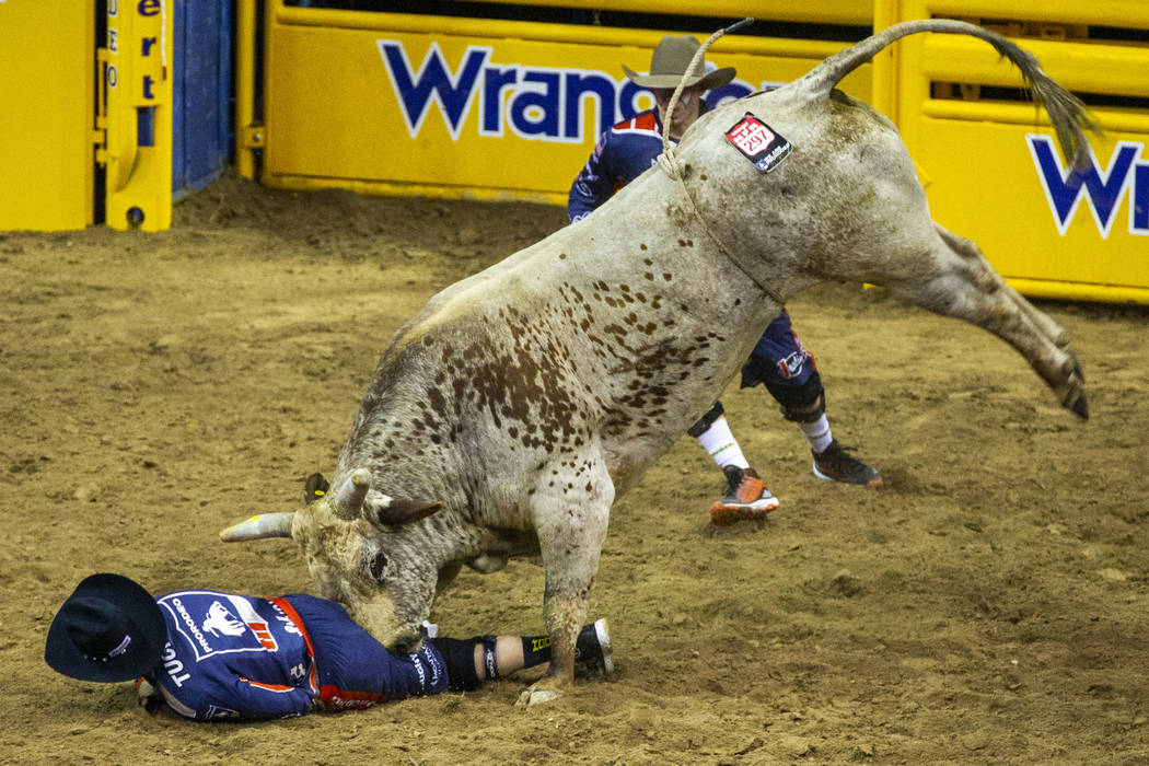 A bullfighter is driven into the dirt by Red Harvest in Bull Riding during the fourth go round ...