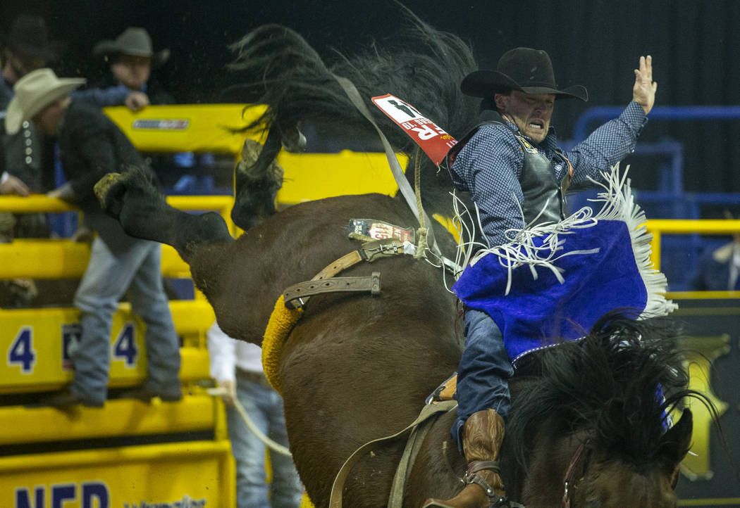 Caleb Bennett of Corvallis, Mont., rides You See Me in Bareback Riding to a first-place tie wit ...