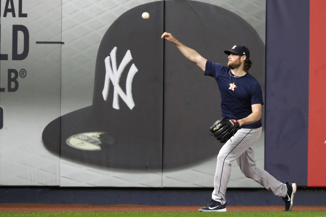 FILE - In this Monday, Oct. 14, 2019, file photo, Houston Astros Game 3 starting pitcher Gerrit ...