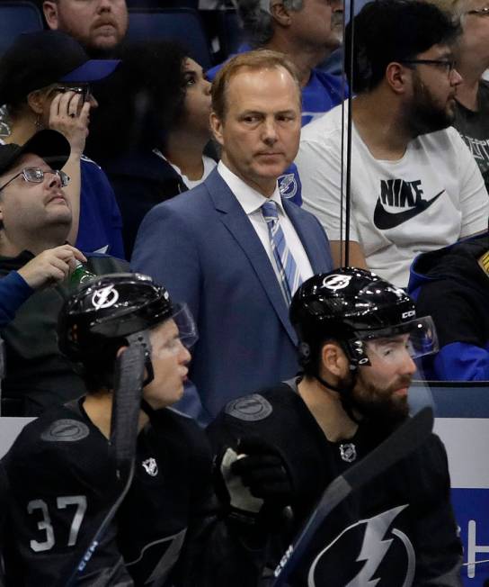 Tampa Bay Lightning head coach Jon Cooper during the third period of an NHL hockey game against ...