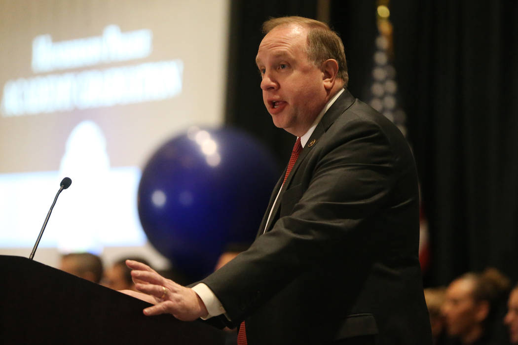 Keynote speaker Aaron C. Rouse, special agent in charge for the FBI in Nevada, speaks during He ...