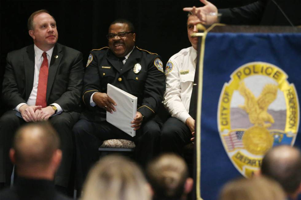 Keynote speaker Aaron C. Rouse, from left, special agent in charge for the FBI in Nevada, Hende ...