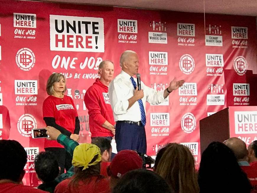 Former Vice President Joe Biden speaks to an audience of UNITE HERE members at the Culinary Uni ...