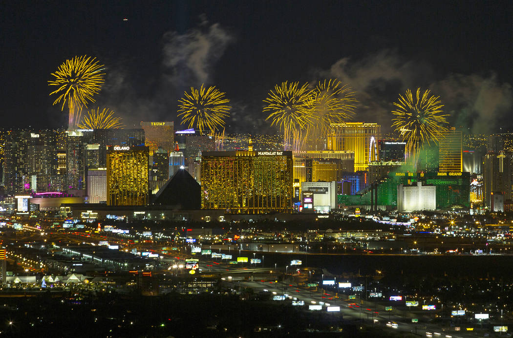 New Year’s fireworks explode over the Las Vegas Strip ringing in 2019. (Review-Journal file p ...