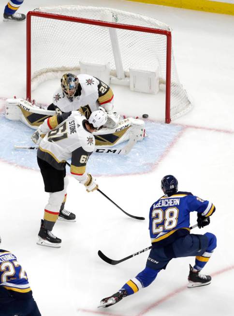 St. Louis Blues' Mackenzie MacEachern (28) scores past Vegas Golden Knights goaltender Marc-And ...