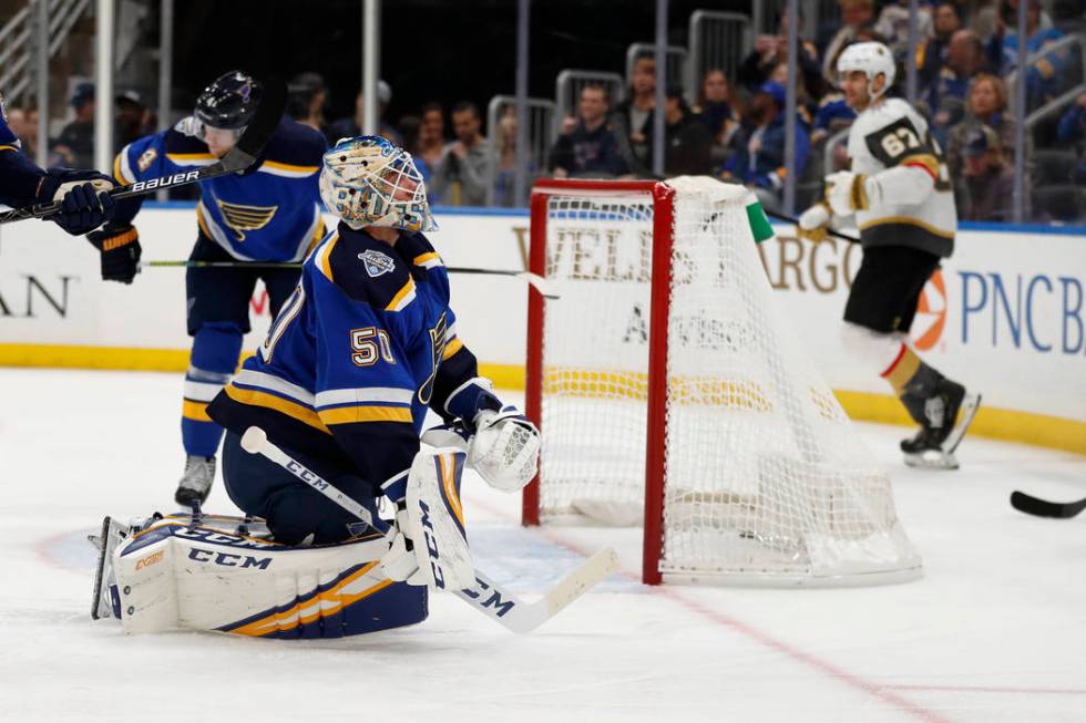 St. Louis Blues goaltender Jordan Binnington (50) reacts after giving up a goal to Vegas Golden ...