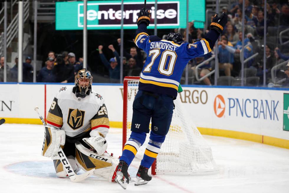 St. Louis Blues' Oskar Sundqvist (70), of Sweden, celebrates after scoring past Vegas Golden Kn ...