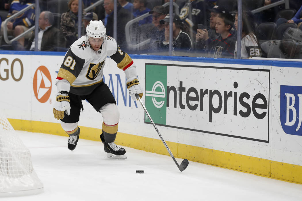Vegas Golden Knights' Jonathan Marchessault handles the puck during the first period of an NHL ...