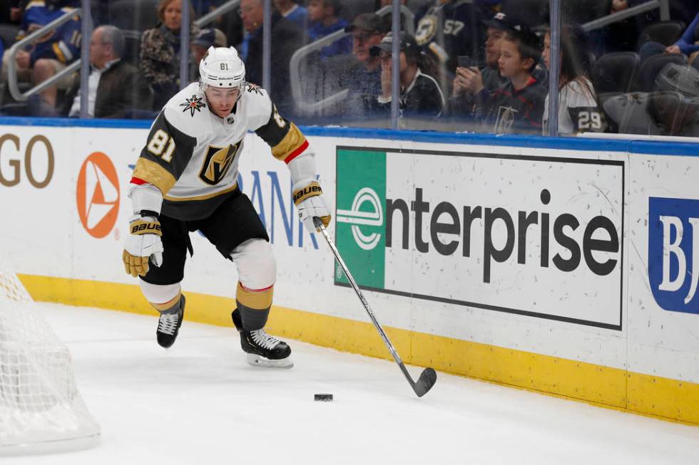 Vegas Golden Knights' Jonathan Marchessault handles the puck during the first period of an NHL ...