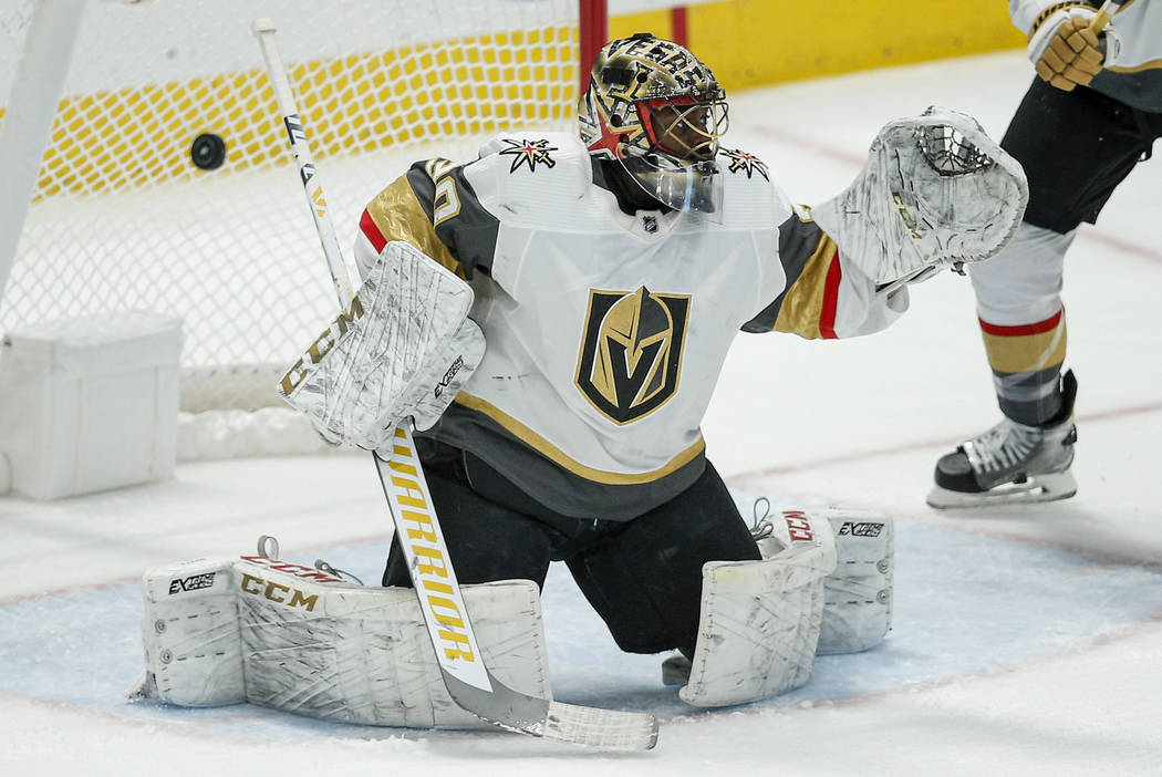Vegas Golden Knights goaltender Malcolm Subban (30) is unable to stop a shot from Dallas Stars ...