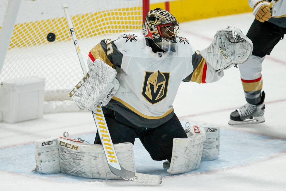 Vegas Golden Knights goaltender Malcolm Subban (30) is unable to stop a shot from Dallas Stars ...