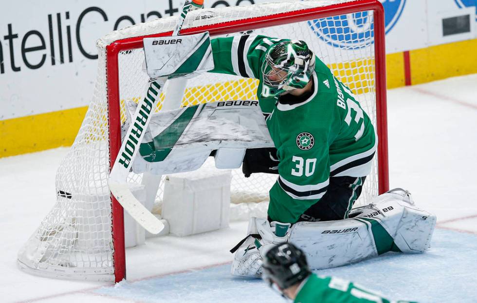 Dallas Stars goaltender Ben Bishop (30) is unable to stop a shot from Vegas Golden Knights forw ...
