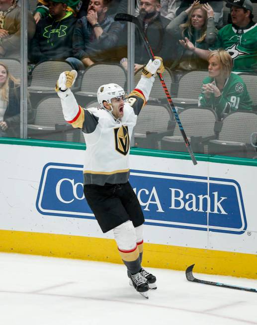 Vegas Golden Knights forward Max Pacioretty (67) celebrates scoring the game winning goal in ov ...