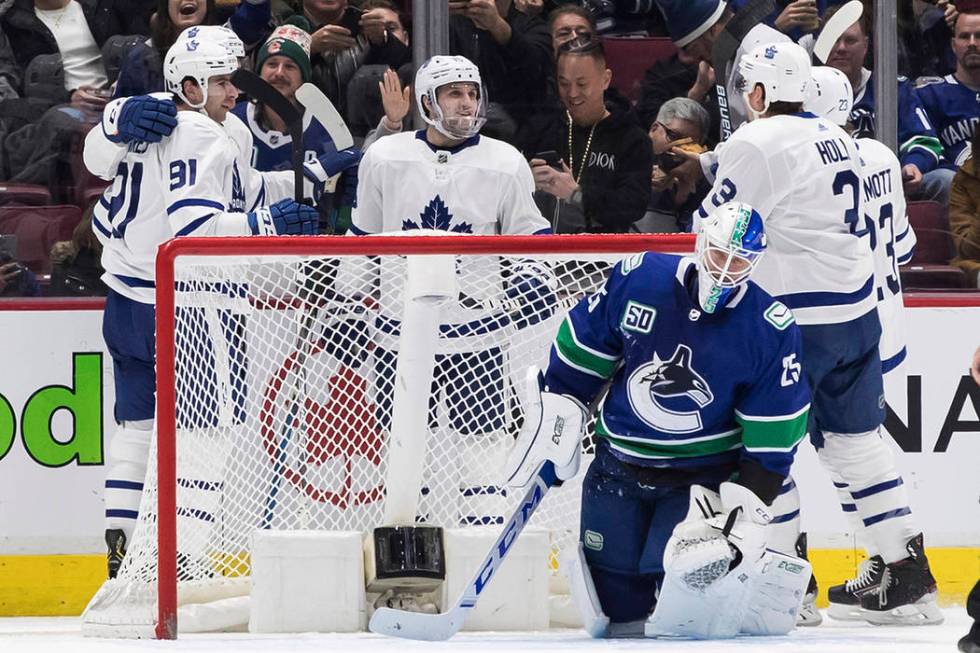 Toronto Maple Leafs' John Tavares, front left, Auston Matthews, back left, Alexander Kerfoot, J ...