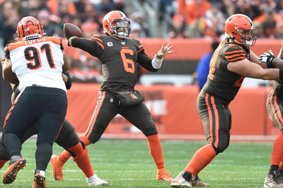 Cleveland Browns quarterback Baker Mayfield throws a pass during an NFL football game against t ...