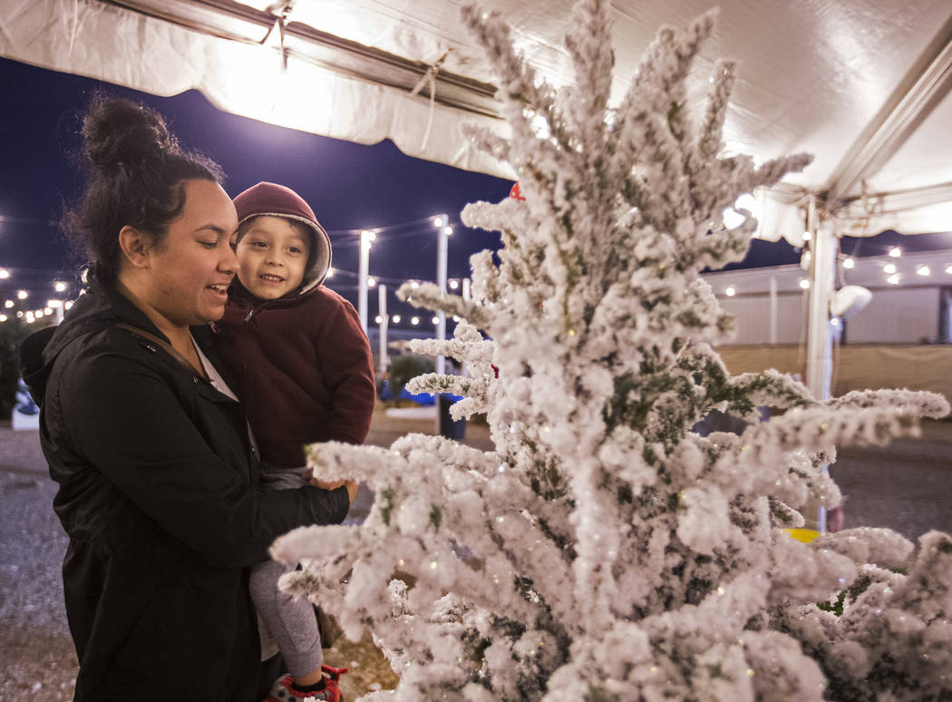 Sharina Kaleikini, left, and Jacob Koapaka, 3, shop for Christmas trees on Wednesday, Dec. 11, ...