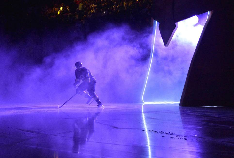 Vegas Golden Knights right wing Alex Tuch takes the ice prior to the start of an NHL hockey gam ...