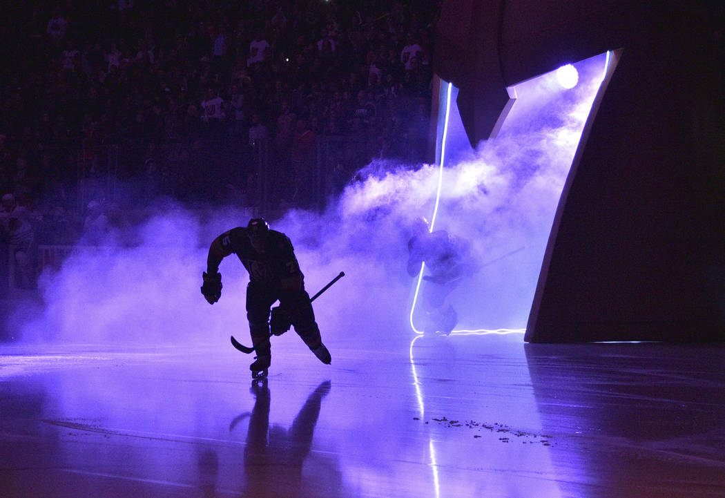 Vegas Golden Knights right wing Ryan Reaves takes the ice prior to the start of the first perio ...