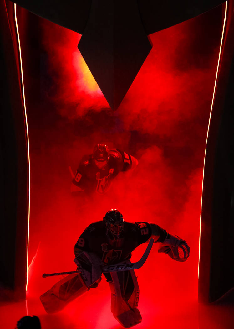 Golden Knights goaltender Marc-Andre Fleury (29) hits the ice before the start of Game 2 of an ...