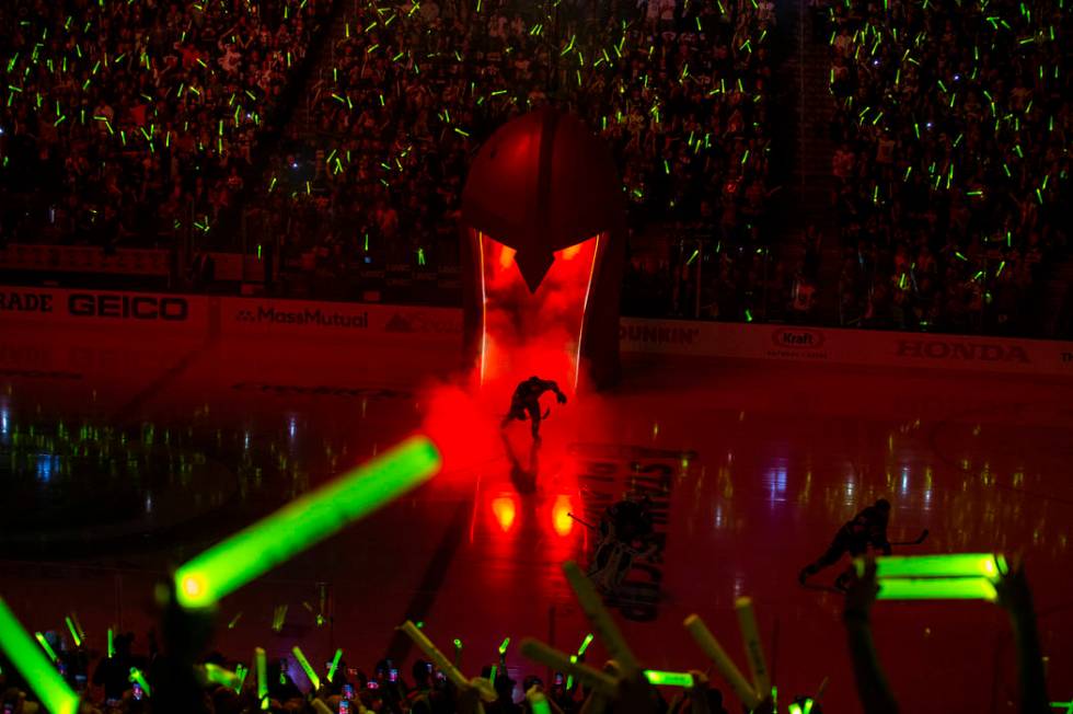 Golden Knights take the ice before the first period of Game 3 of an NHL Western Conference quar ...