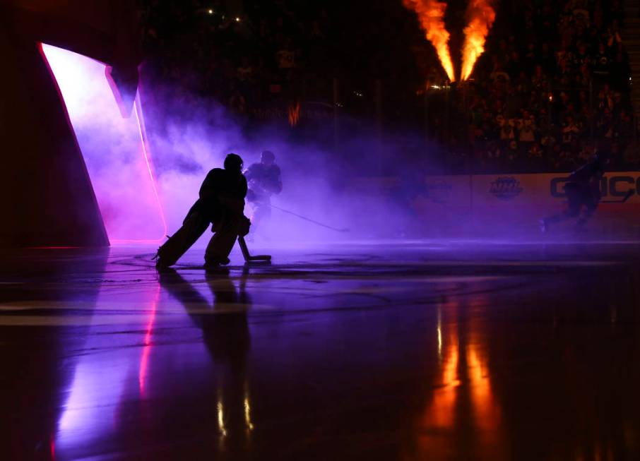 Golden Knights goaltender Malcolm Subban skates onto the ice before taking on the Winnipeg Jets ...