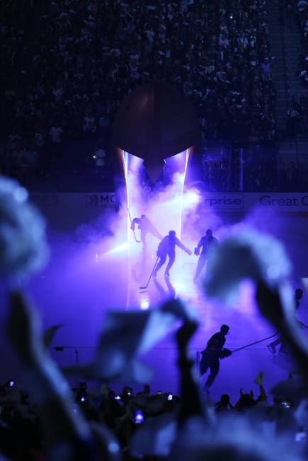 Vegas Golden Knights players take the ice for Game 4 against Winnipeg Jets in the Western Confe ...