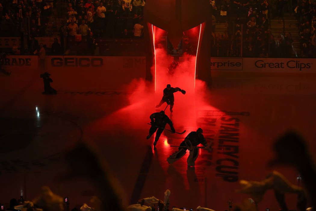 Vegas Golden Knights players take the ice for Game 4 against Winnipeg Jets in the Western Confe ...